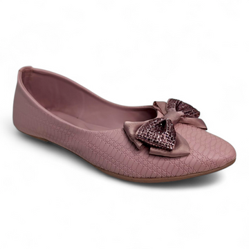 Peach flat bellies with embellished bow on top and soft material for comfort