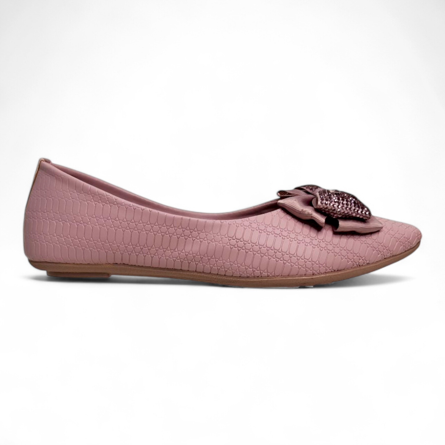 Side view of peach bootie flat bellies with soft material and bow detail