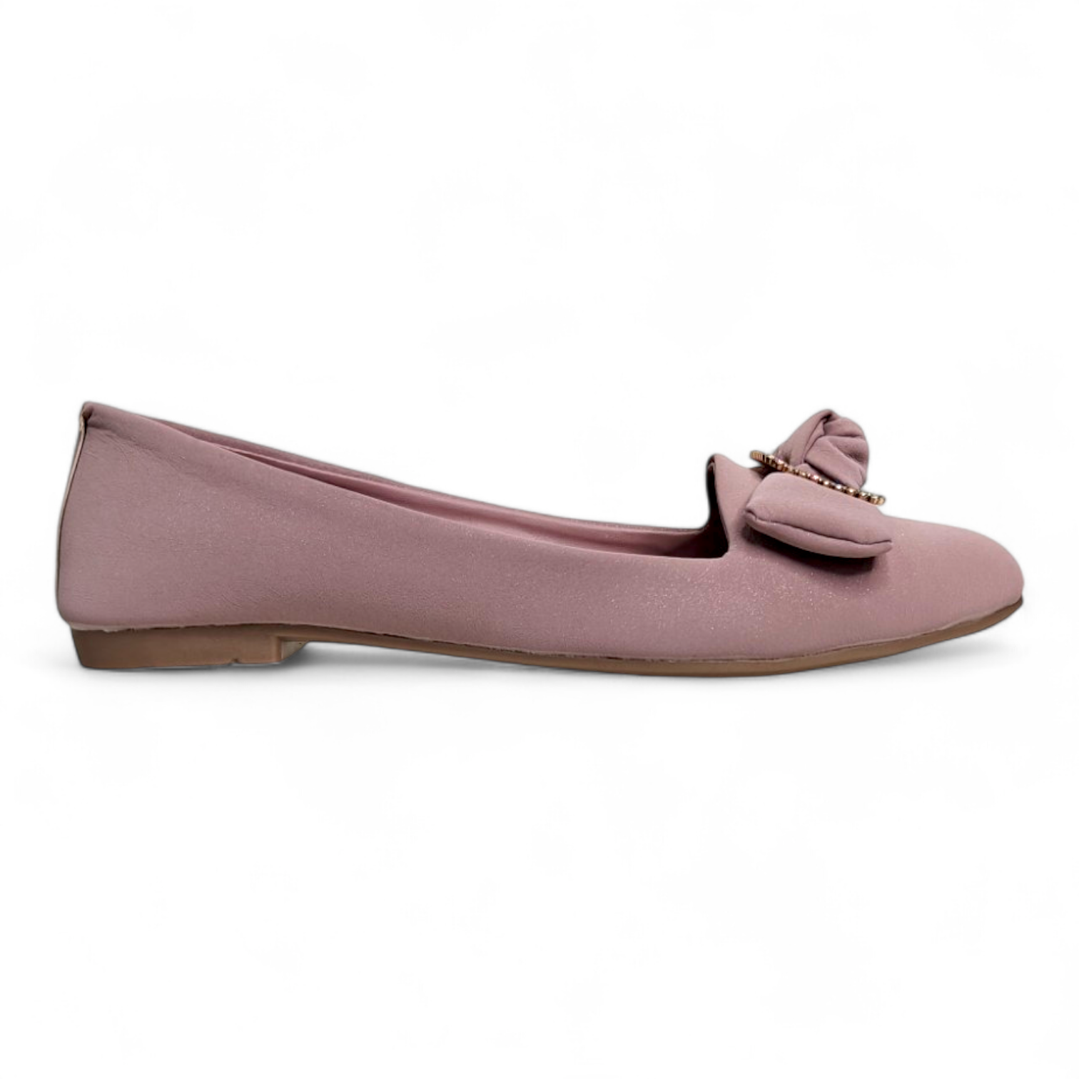 Side view of lilac Flat Bellies showing soft material and square buckle bow detail