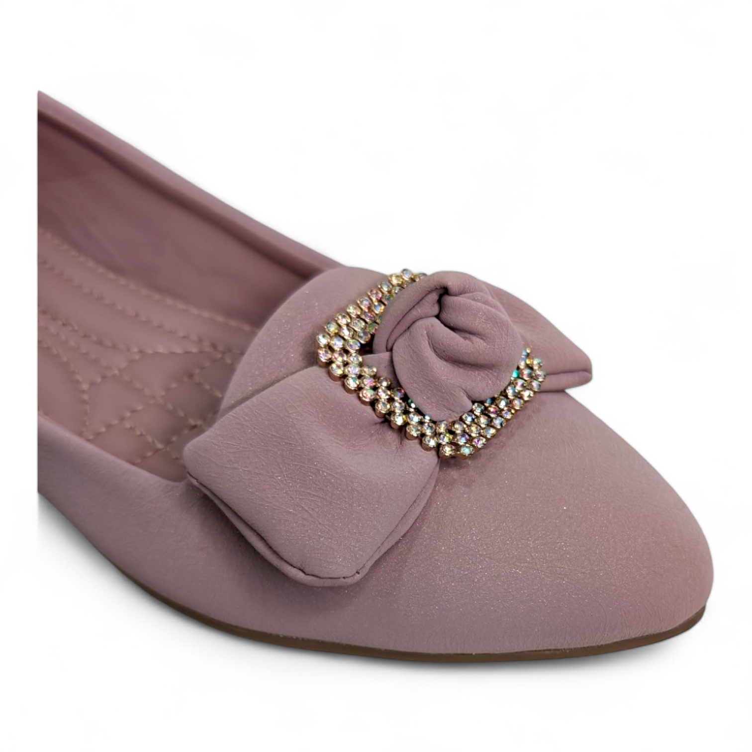 Close-up of embellished square buckle bow on lilac Flat Bellies