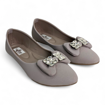 Grey Flat Bellies with Embellished Bow & Diamonds | Comfortable Soft Botie Footwear