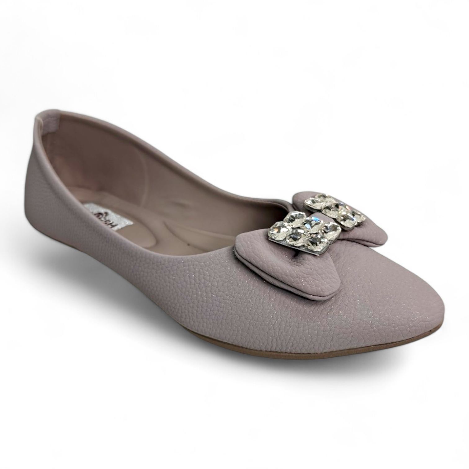 Grey flat bellies with an embellished bow and diamonds on top, soft and comfortable material