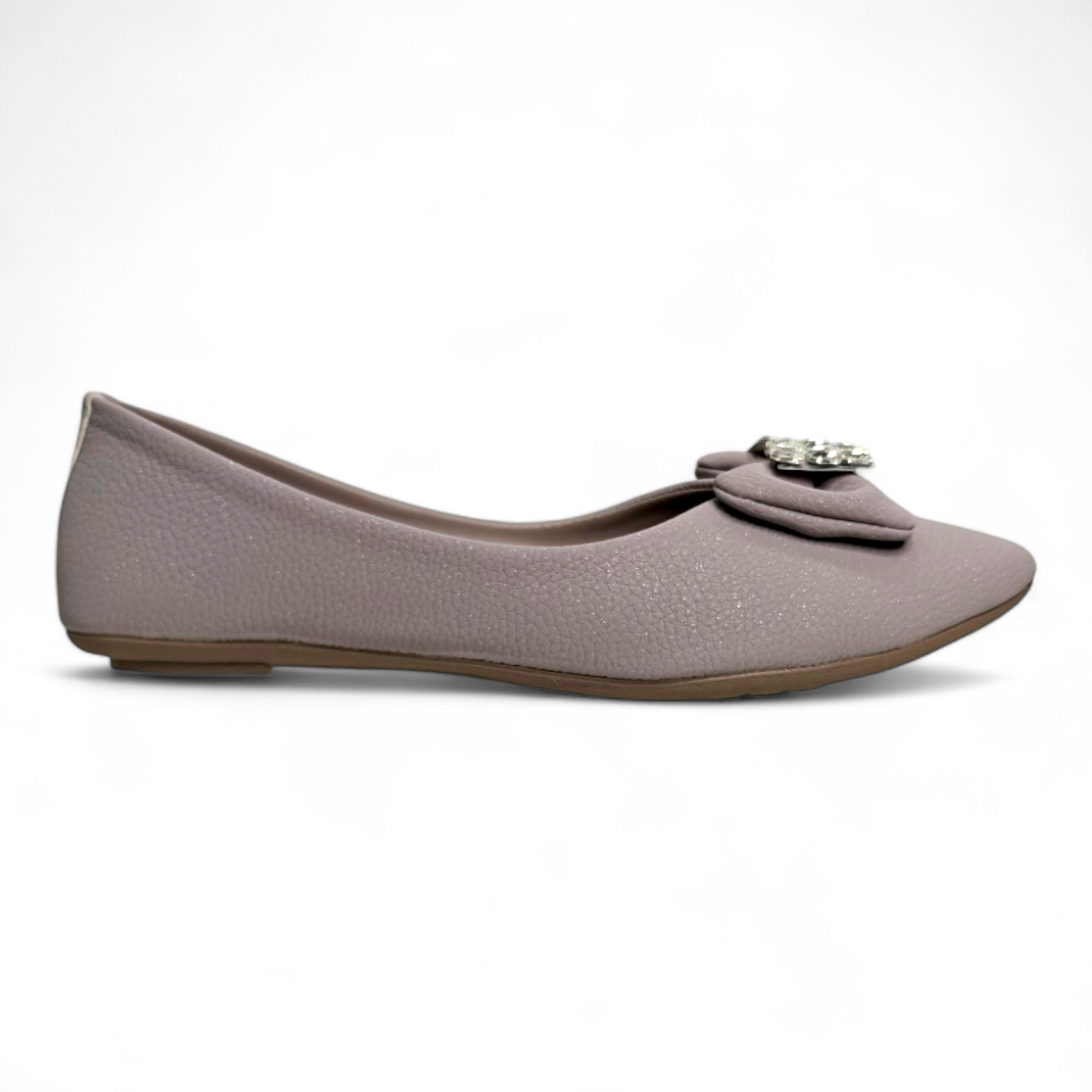 Side view of comfortable grey botie-style flat bellies with bow detail