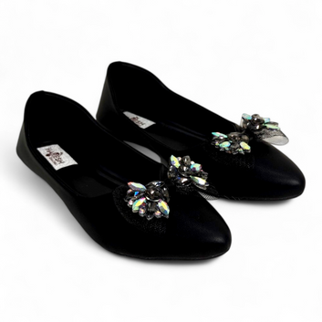 Black Flat Bellies with Embellished Bow & Diamonds | Comfortable & Stylish Footwear