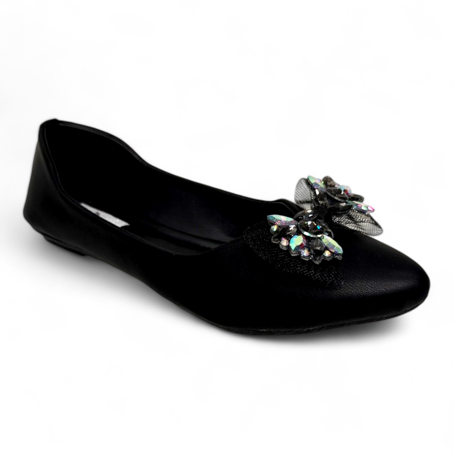 Black Flat Bellies with embellished bow and diamonds on top made from soft, comfortable material