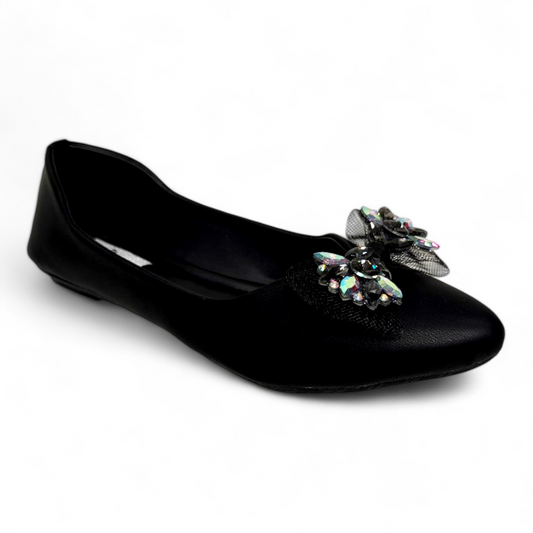 Black Flat Bellies with Embellished Bow & Diamonds | Comfortable & Stylish Footwear