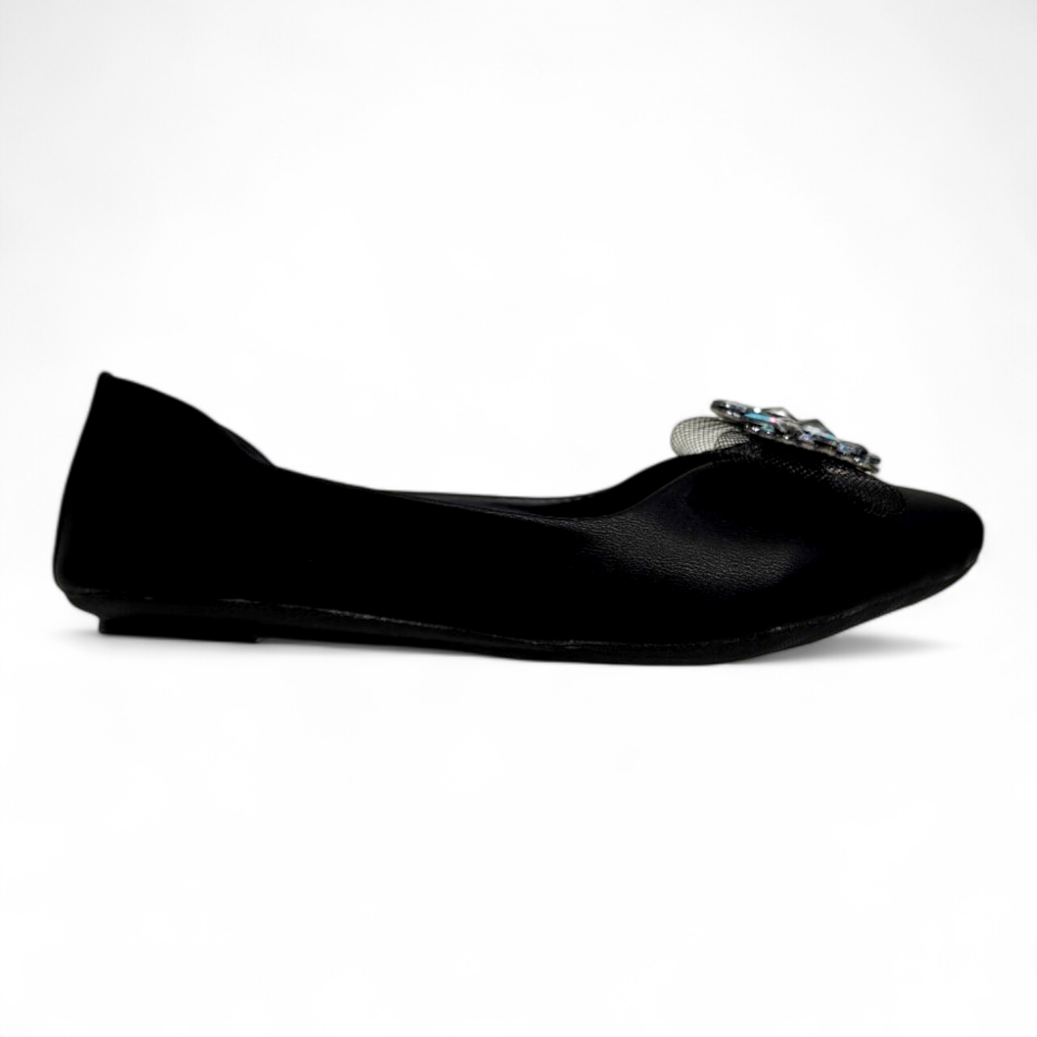 Side view of Black Flat Bellies showcasing embellished bow with diamond details and soft material