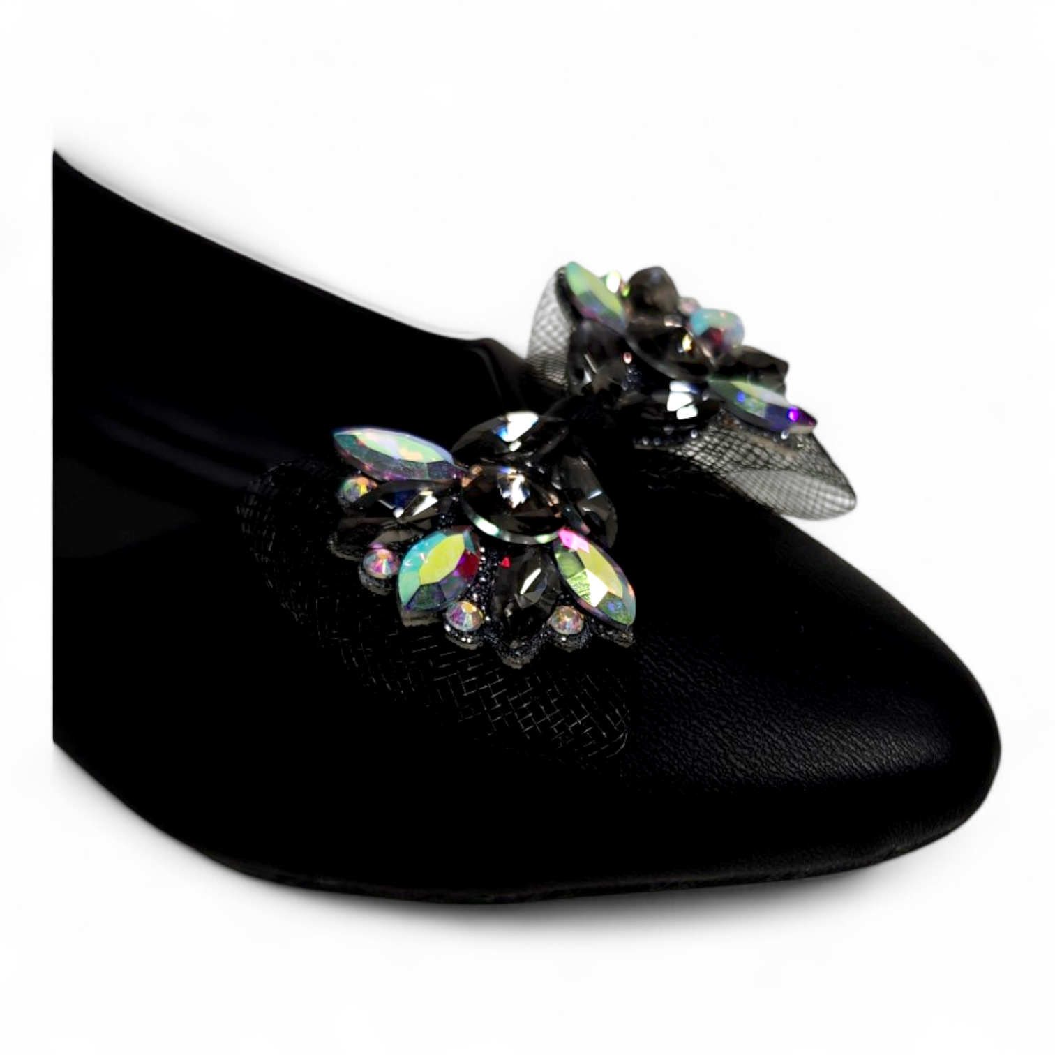 Close-up of diamond-embellished bow on Black Flat Bellies with comfortable soft material