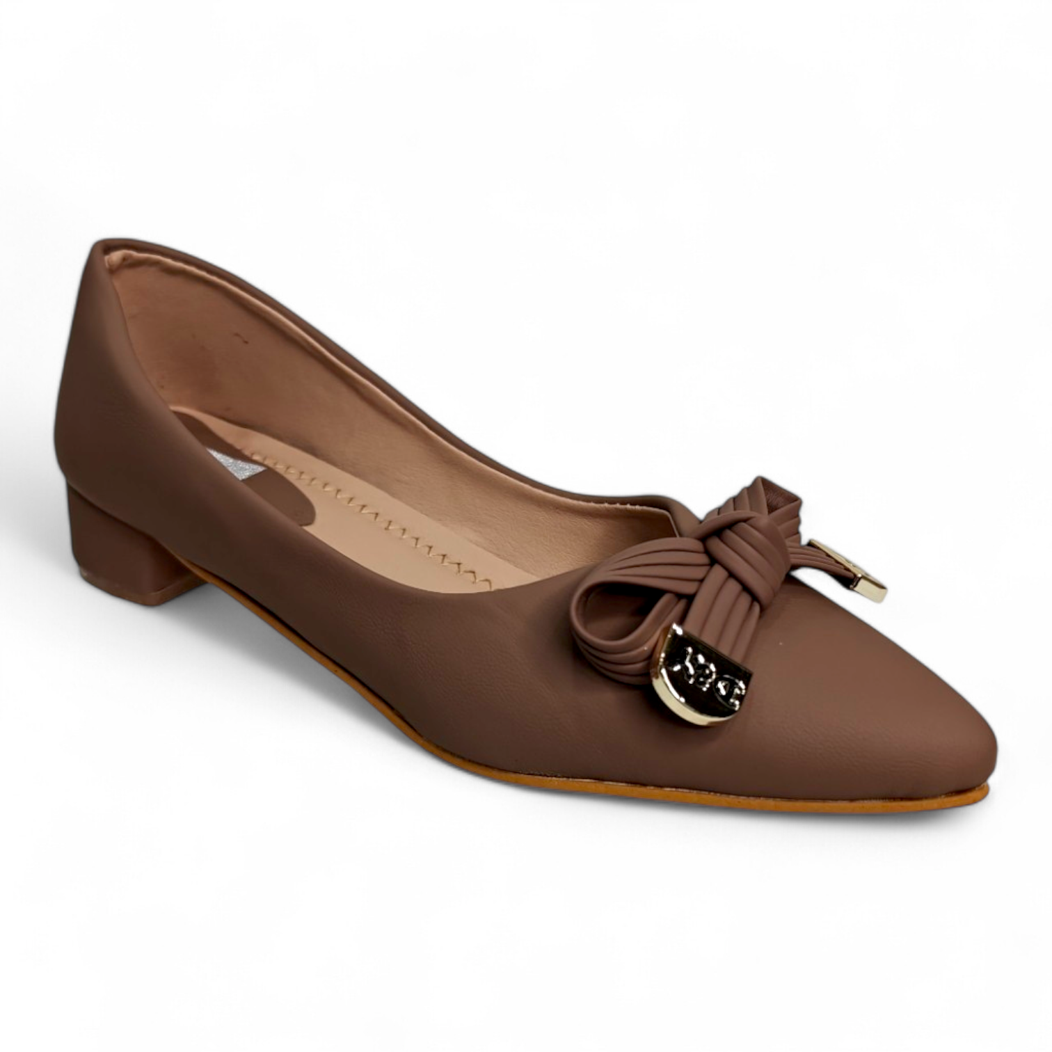 Classy tan box heel pumps with bow buckle on top and closed toe design