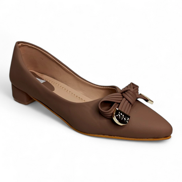 Classy tan box heel pumps with bow buckle on top and closed toe design