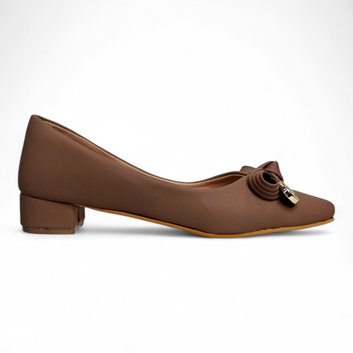 Classy Tan Box Heel Pumps with Bow Buckle | Stylish Closed Toe Footwear