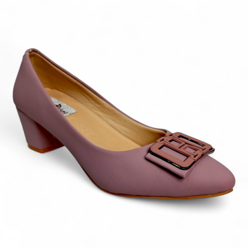 Classy purple block heel pumps with H buckle on top