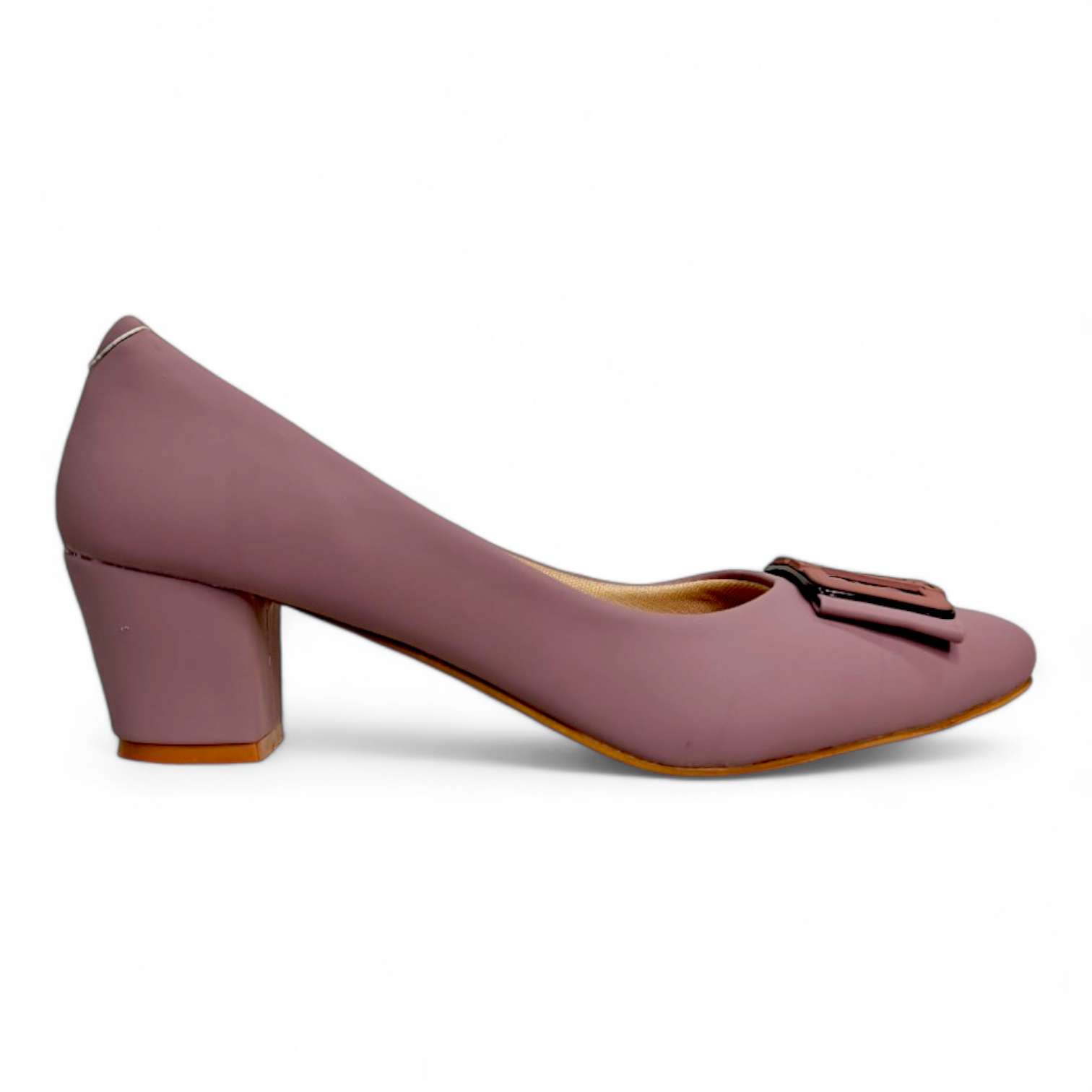 Side view of purple closed toe block heel pumps featuring H buckle detail