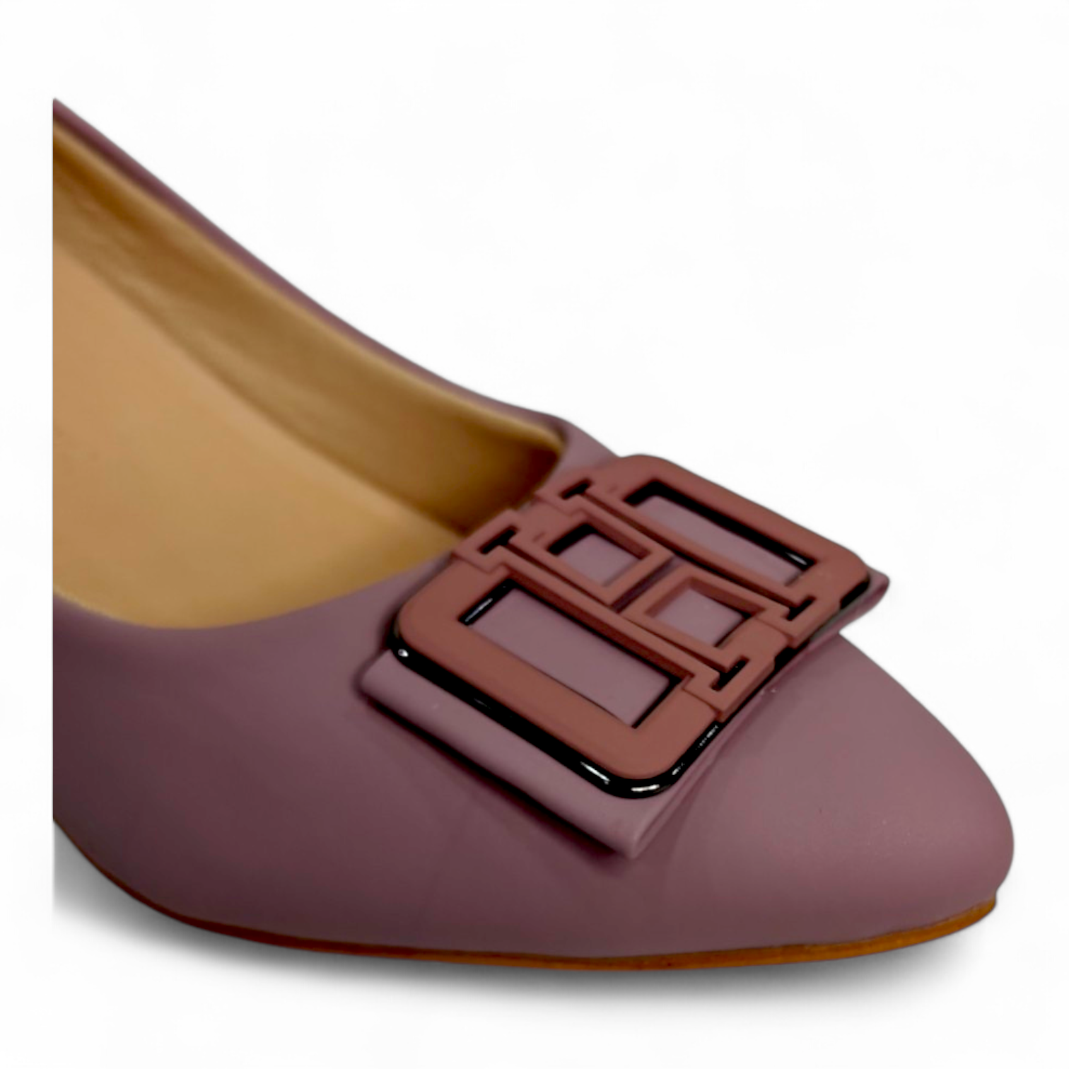 Close-up of H buckle detail on classy purple block heel pumps