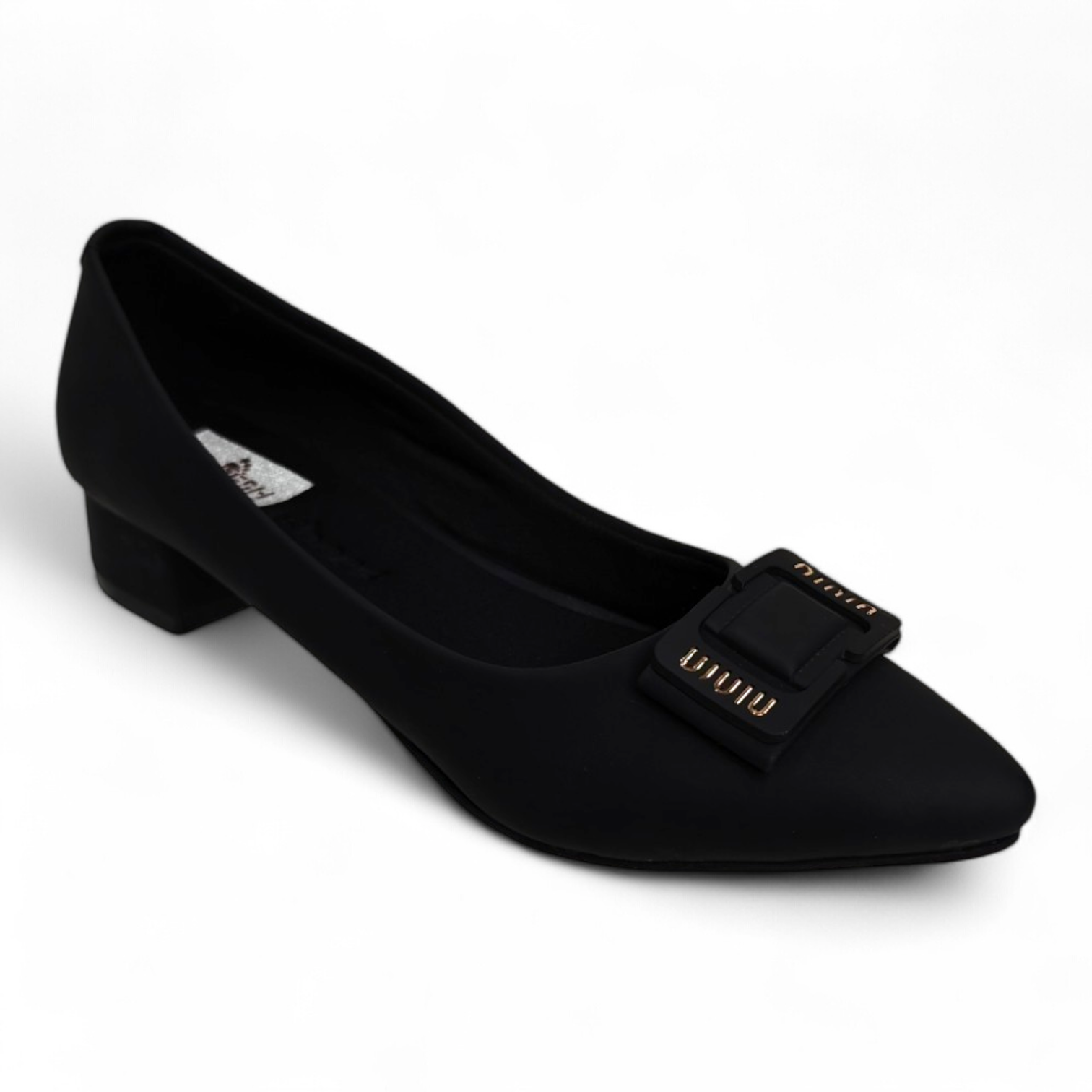 Classy black box heel pumps with square buckle and matt finish