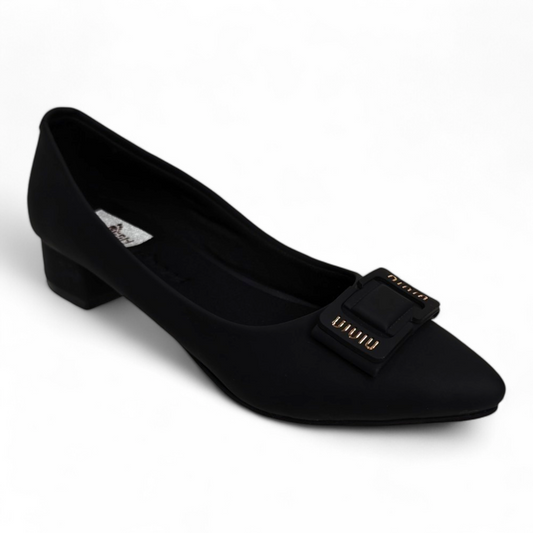 Classy Black Box Heel Pumps with Square Buckle | Matt Finish Close Toe Footwear