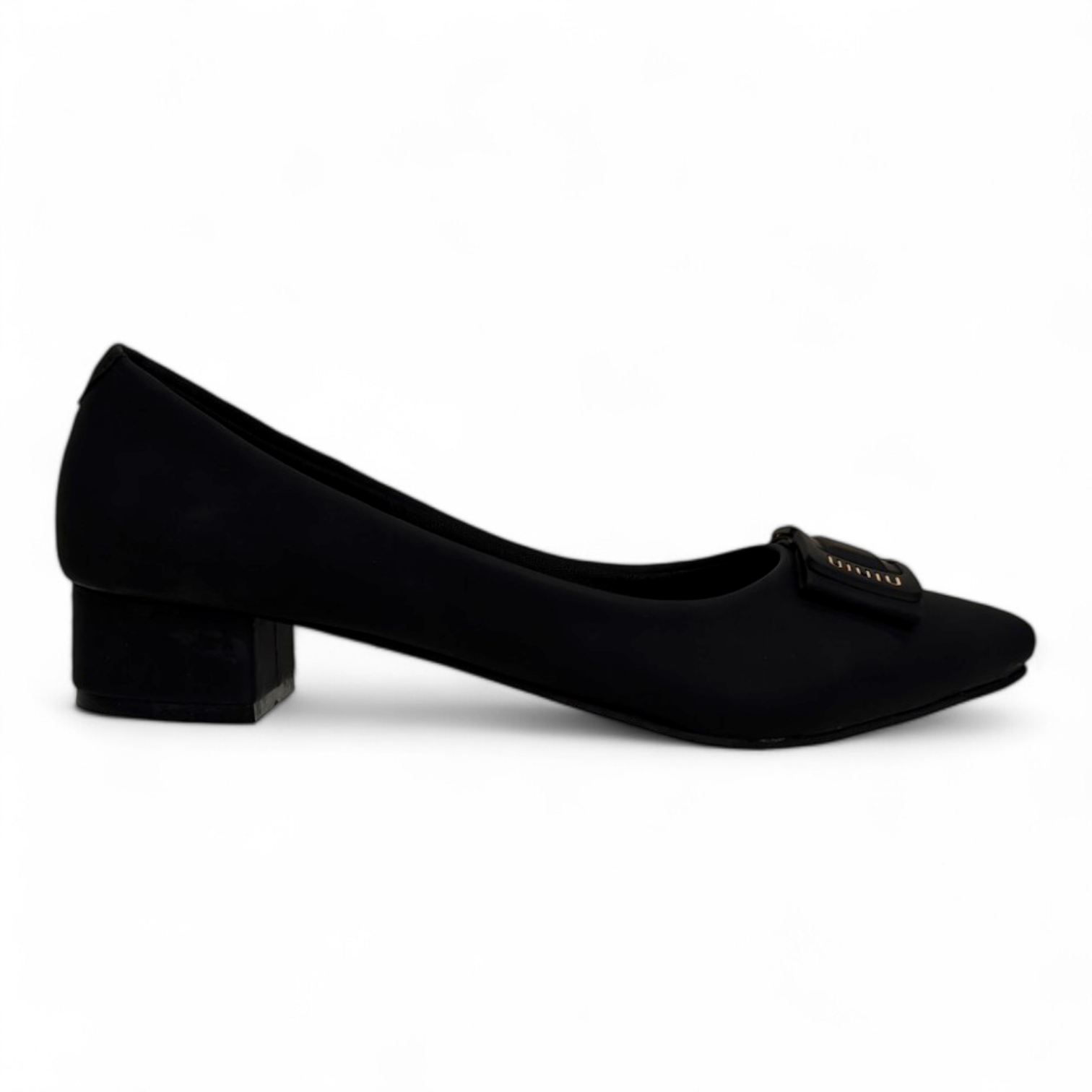 Side view of classy black box heel pumps showcasing the square buckle on top