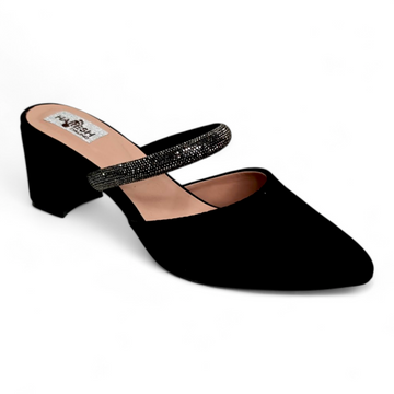 Classy black block heel pumps with diamond strip belt on top, close toe design