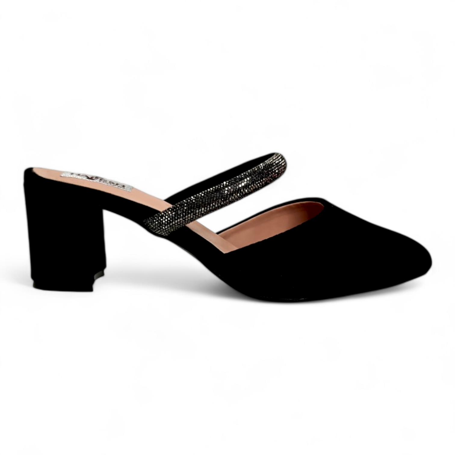 Side view of black block heel pumps showcasing the diamond strip belt detail