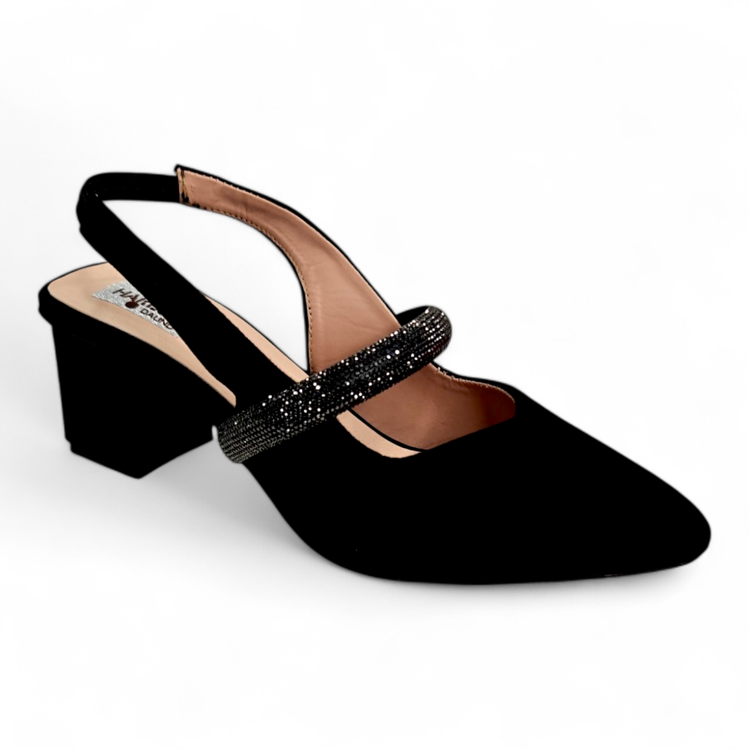 Classy black block heel pumps with ankle strap and diamond strip belt on top