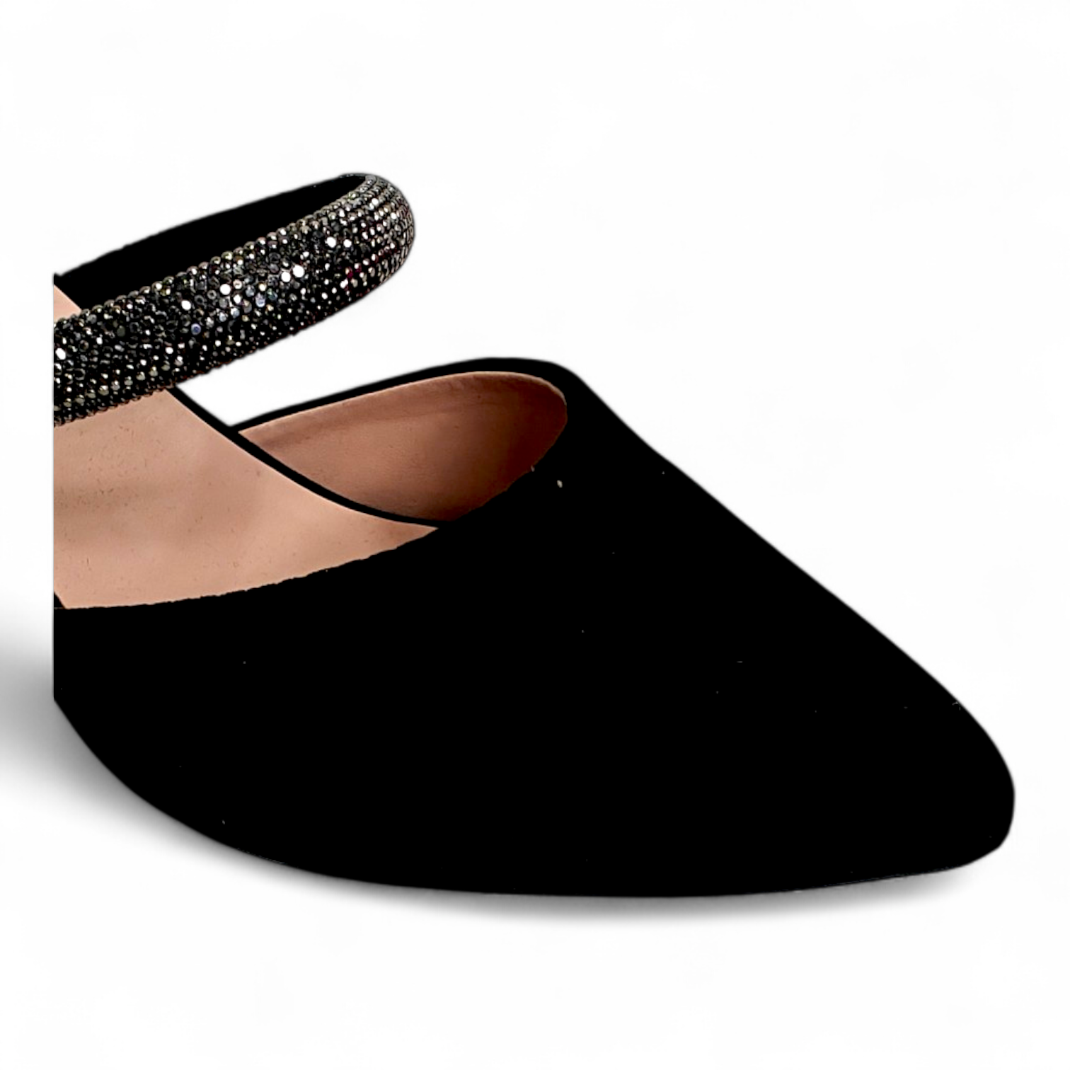 Close-up of diamond strip belt on black block heel pump