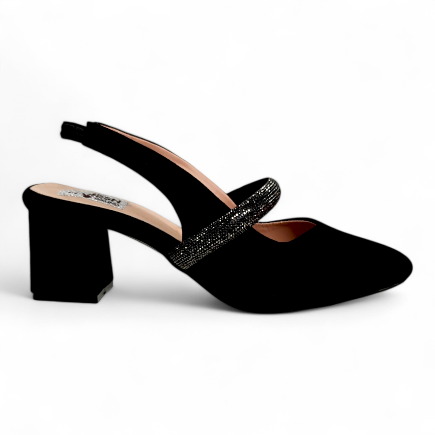 Side view of black block heel pumps showcasing ankle strap and close toe design