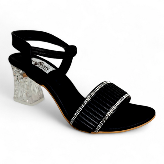 Transparent Heel Sandal with Embellished Diamond Belt | Classy & Comfortable Black Footwear