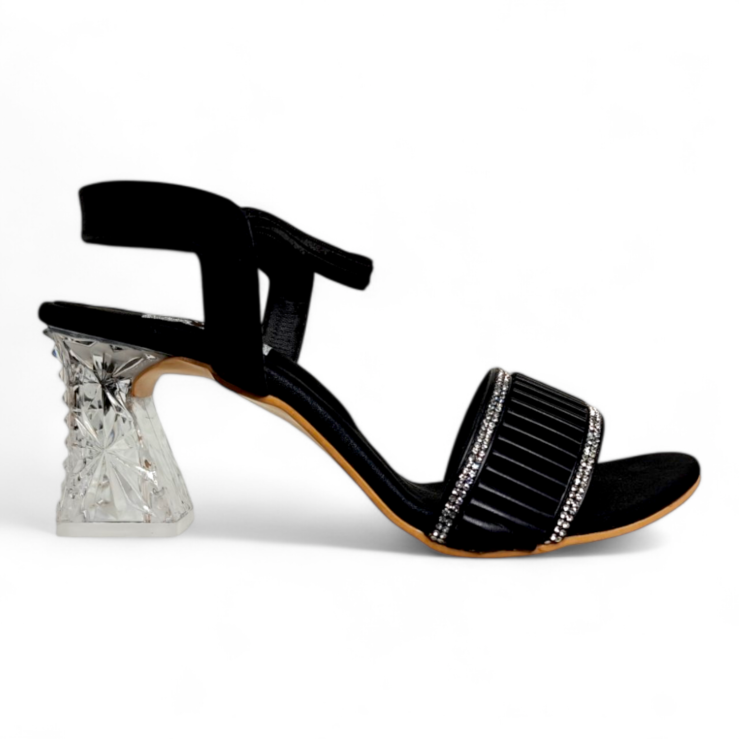 Side view of black transparent heel sandal with diamond-embellished belt and open toe design