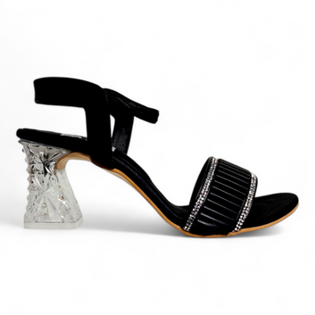 Transparent Heel Sandal with Embellished Diamond Belt | Classy & Comfortable Black Footwear