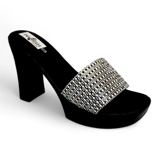 Black Big Heel Sandals with Embellished Diamond Belt | Classy & Comfortable Footwear