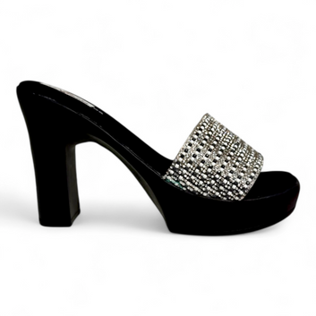 Black Big Heel Sandals with Embellished Diamond Belt | Classy & Comfortable Footwear