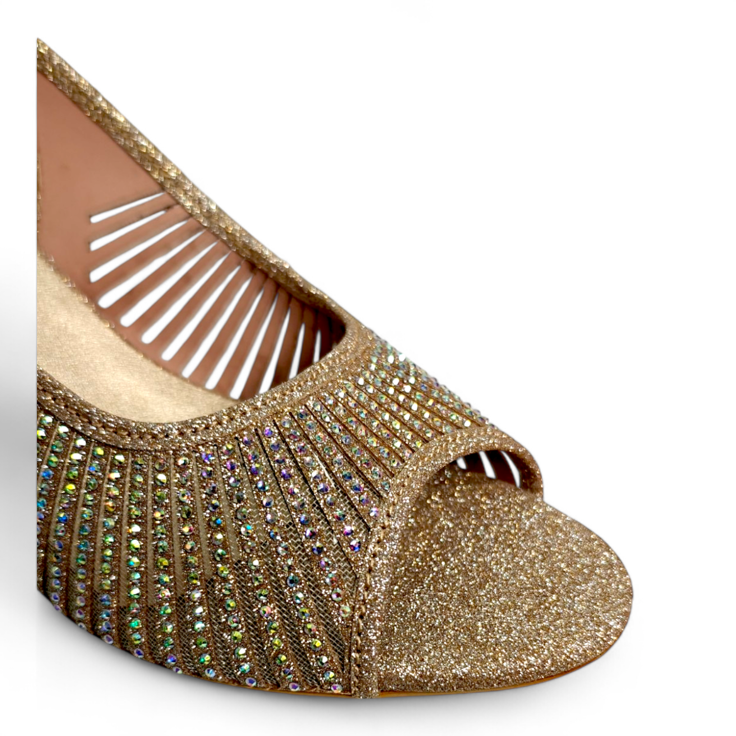 Close-up of embellished shimmer belt on Golden Pencil Heel Sandal