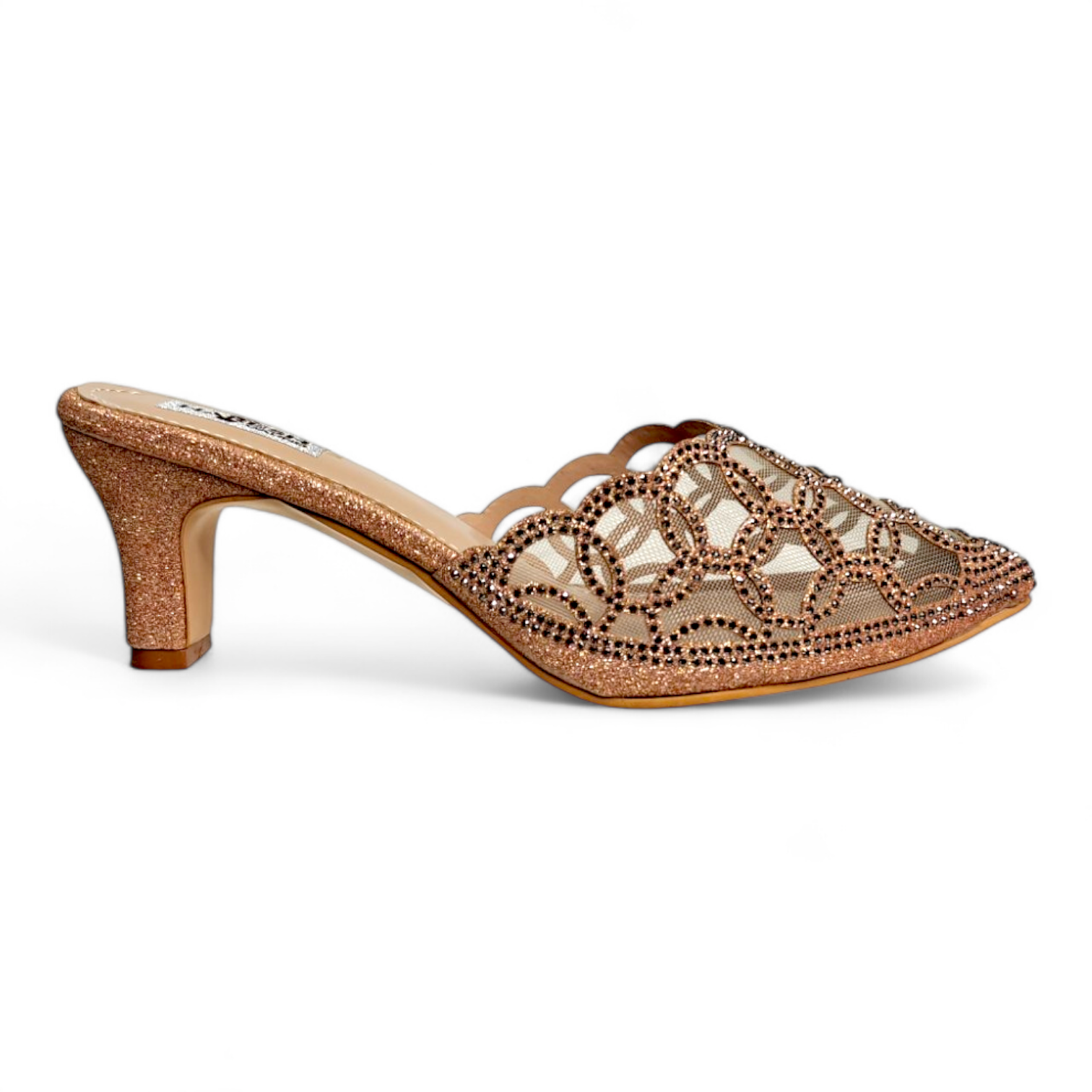 Side view of golden block heel pumps showcasing net cutting design