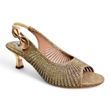 Elegant Golden Pencil Heel Sandal with Embellished Shimmer Belt