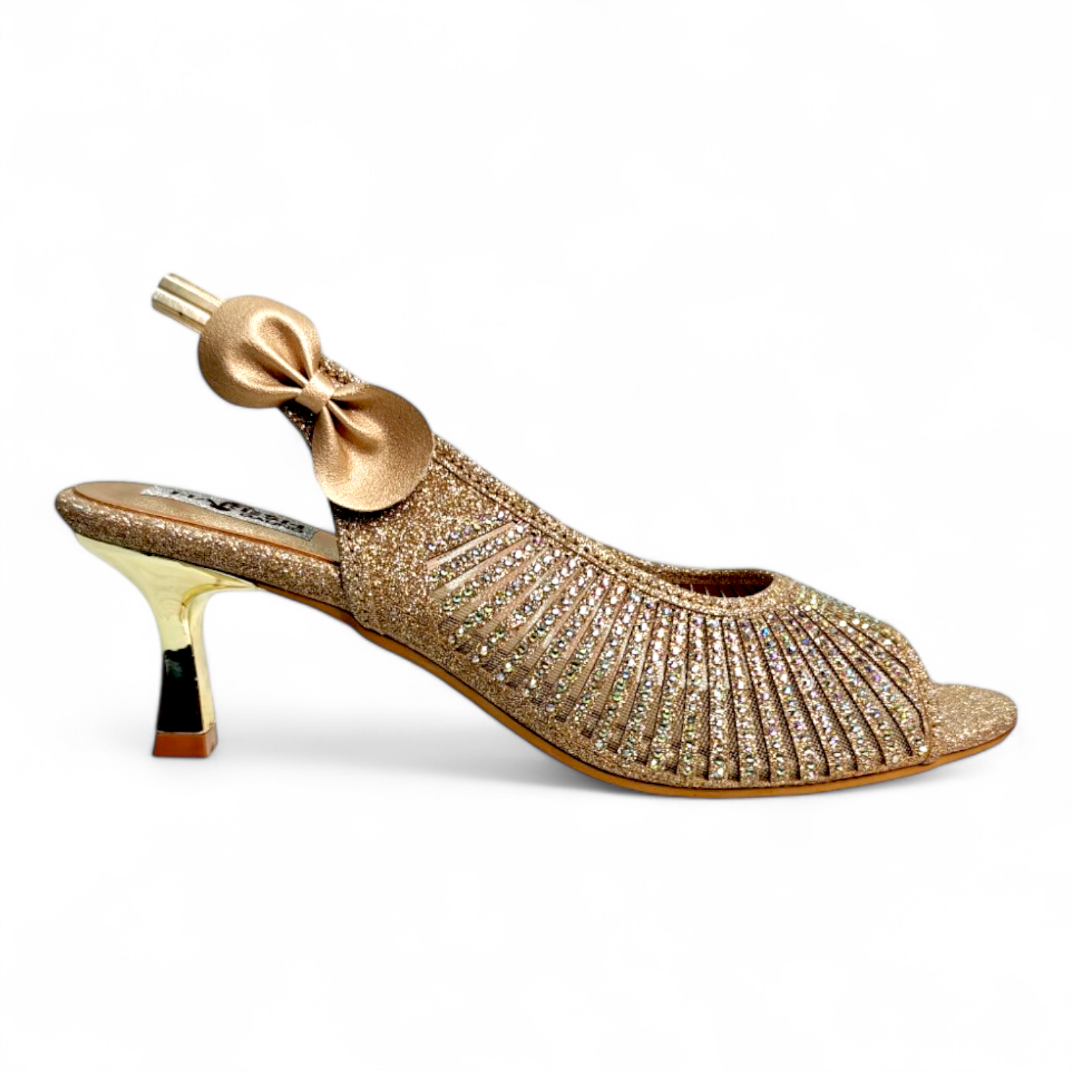 Side view of Golden Pencil Heel Sandal with Open Toe and Shimmer Belt