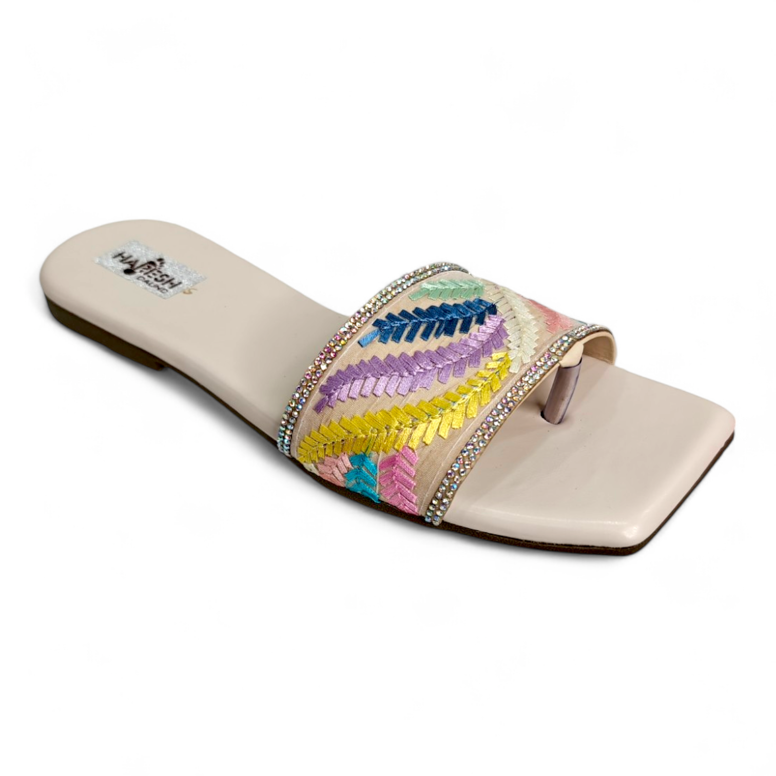 Flats sliders with floral design, open toe, multi-color footwear