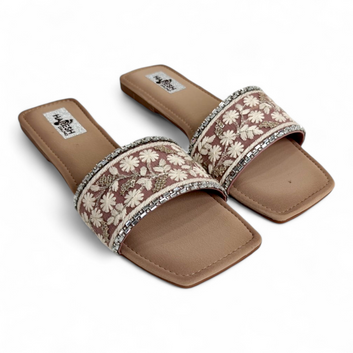 Peach Flats Sliders with Handwork Design | Open Toe Stylish Footwear