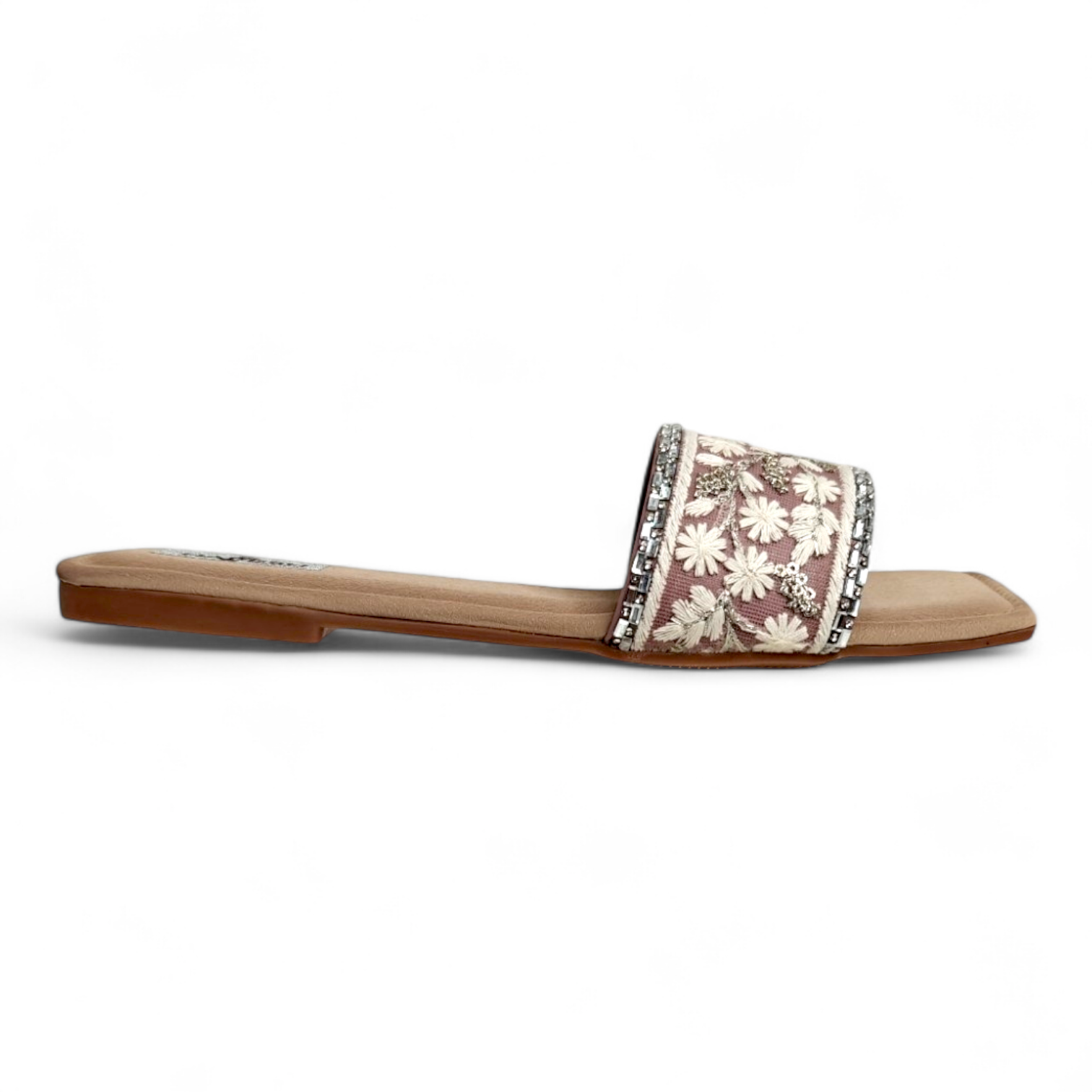 Side view of Peach Open Toe Flats Sliders showcasing intricate handwork design on top