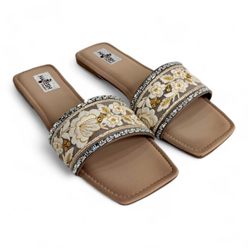 Floral Design Beige Open Toe Flat Sliders | Stylish & Comfortable Women's Footwear