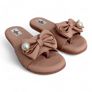 Peach Flats Sliders with Bow & Pearl | Open Toe Women's Footwear