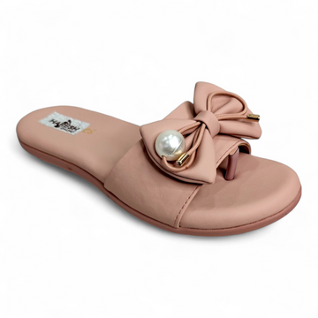 Peach flats sliders with a bow and pearl on top, open toe design for women