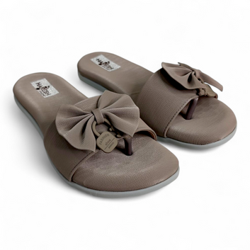 Gray Flats Sliders with Bow on Top & Toe Loop | Stylish Women's Footwear