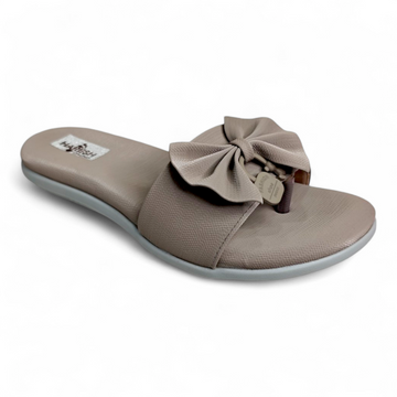 Brown Flats Sliders with Bow on Top and Toe Loop, Women's Casual Footwear