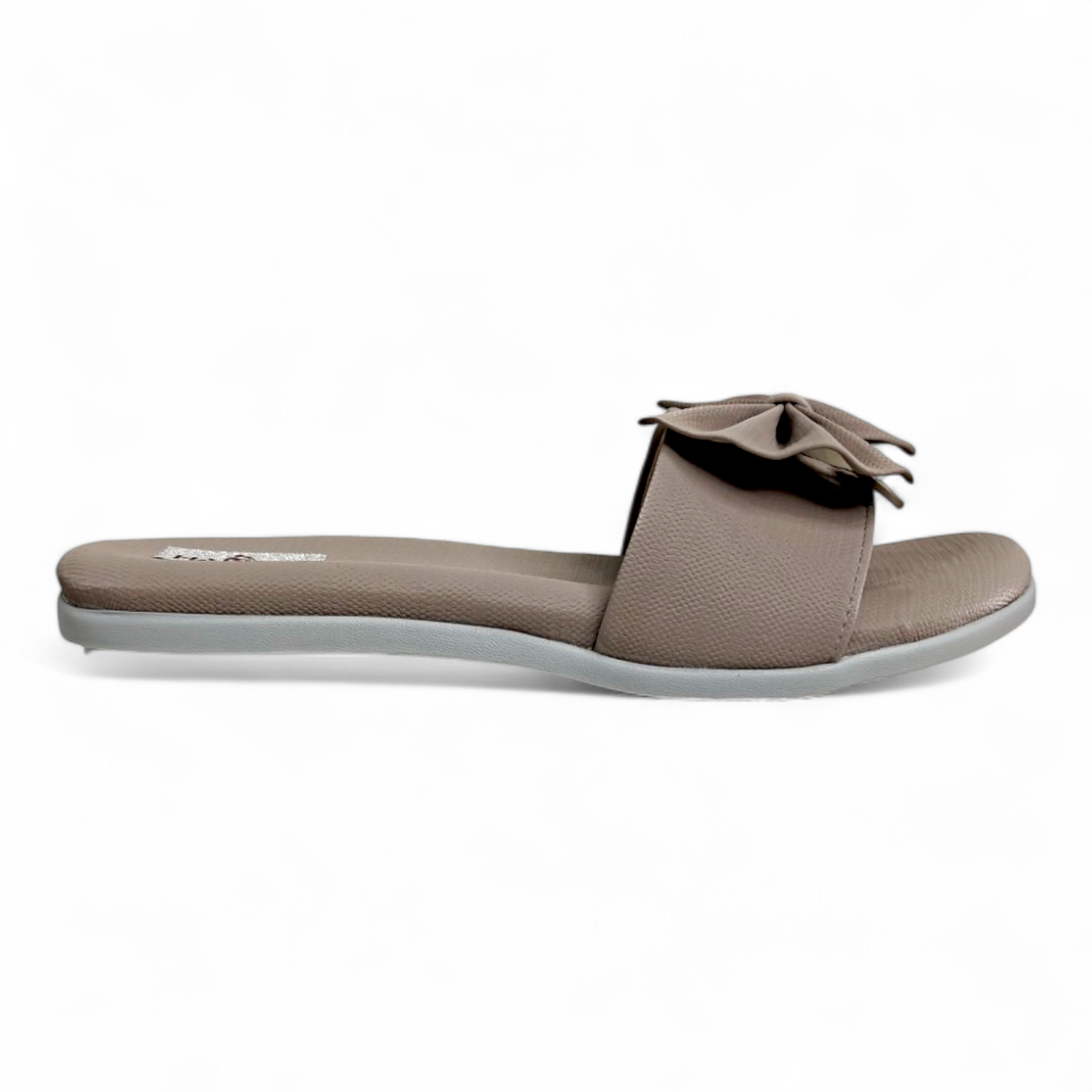 Side view of Brown Flats Sliders featuring a Bow on Top and comfortable toe loop