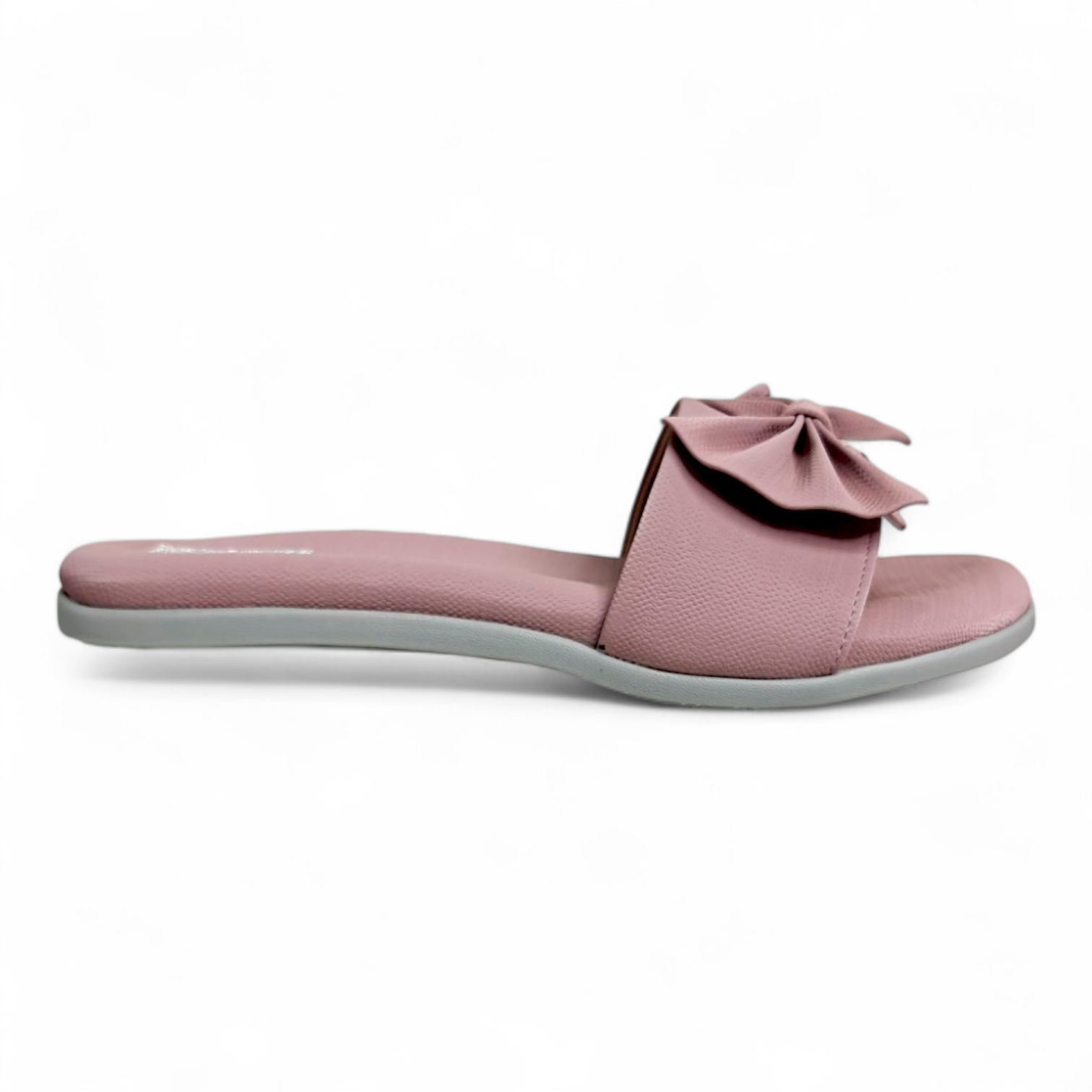 Side view of lilac flats sliders with bow and comfortable toe strap