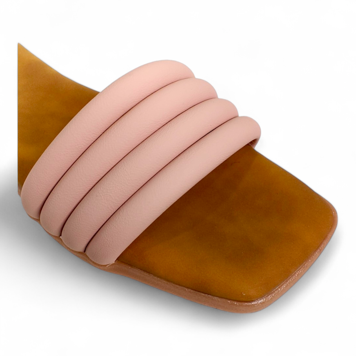 Close-up of 4 cushion belts on Peach Flats Sliders, open toe footwear for women