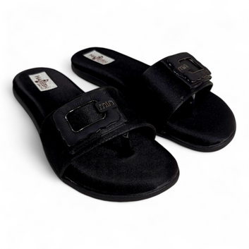 Stylish Black Open Toe Flats Sliders with Side Square Buckle