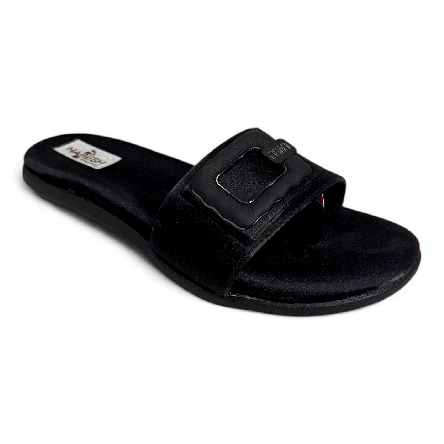 Black Open Toe Flats Sliders with Side Square Buckle