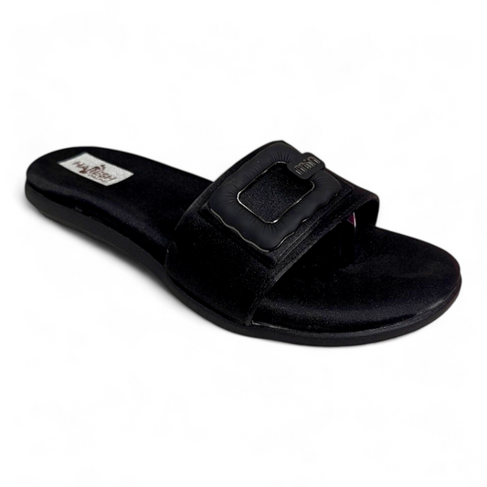 Stylish Black Open Toe Flats Sliders with Side Square Buckle