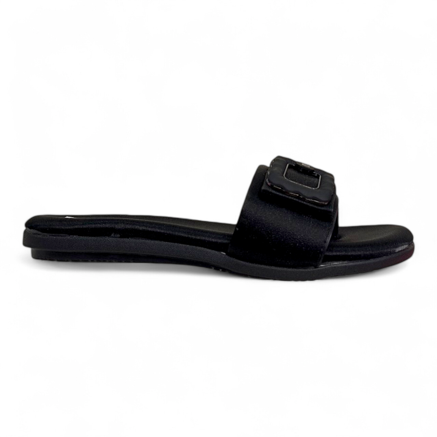 Side view of Black Flats Sliders with Square Buckle Detail